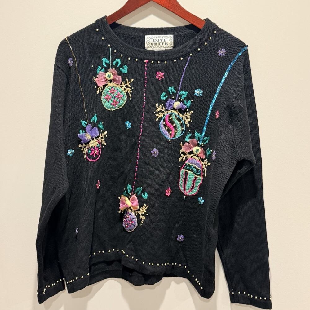 VTG Cove Creek Knitted Sweater Womens Large Black Beaded Christmas Holiday Bulb